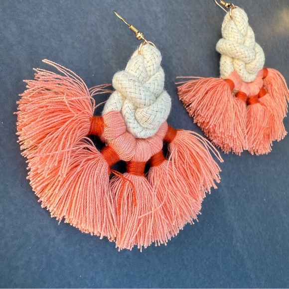 Macrame Peach Tassel Earrings – Handmade Fringe Boho Statement Jewelry - Picture 6 of 8